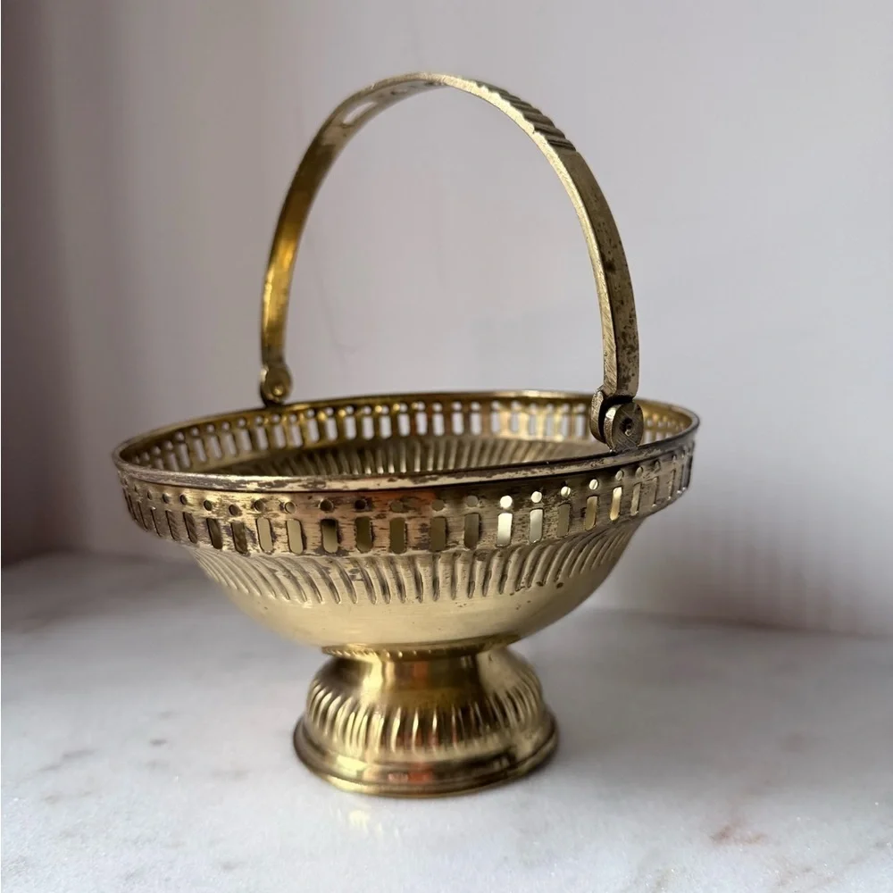 Vintage MCM Brass gold Handcrafted Round Jali Cut Basket …